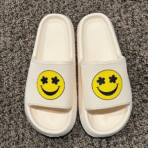 Cream Slide Sandals with Smiley Face